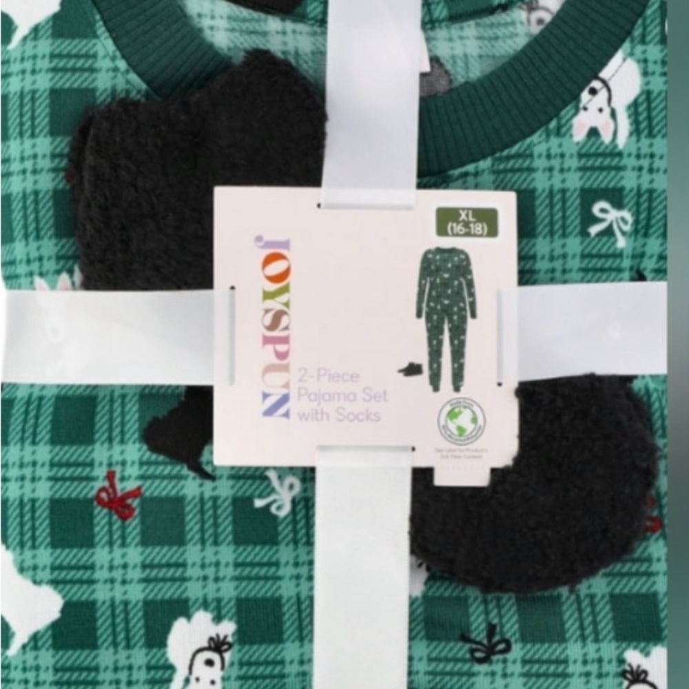 3 Piece PJs Green Plaid w/ Dogs & Bows Pajama Set w/ Socks. Pants with Pockets